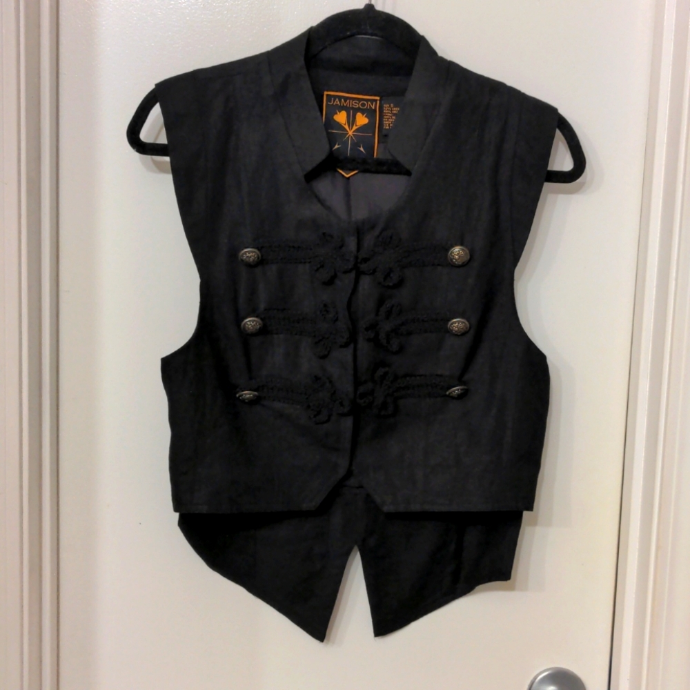 Jamison Women’s Black Military Moto Vest Linen Silk Button Edgy Casual Small